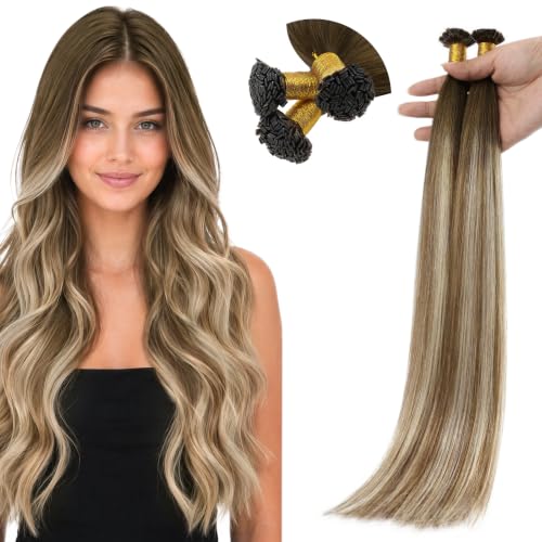 Image of Full Shine Mini Flat Tip Human Hair Extensions Balayage Brown Ash Blonde