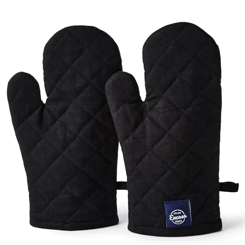 Encasa XO Heat Resistant Cotton Oven Gloves Mitts (2 Pc Set) - Quilted & Safe 12x6.6 in - for Kitchen, Cooking & Baking, Grilling, Handling Hot Pots & Pans - Full Black