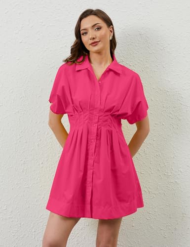 Image of calbatic Women Button Down Pleated Shirt Dress Striped Short Sleeve Summer Casual Business Flowy Mini Short Dress Rose Red