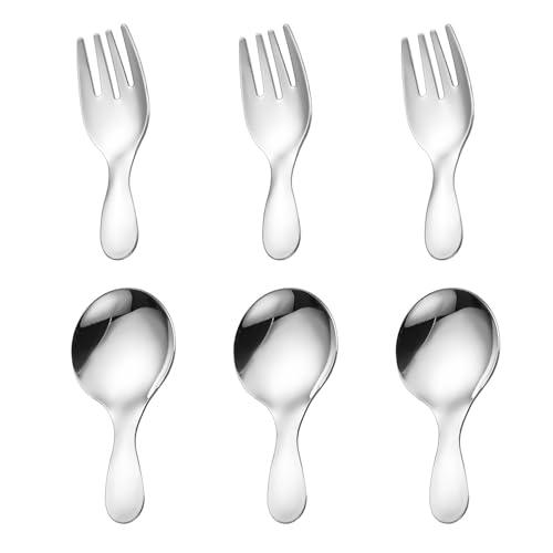 HDGSAFD 3 Pezzi Cucchiaio Rotondo A Manico Corto, Forchetta A Manico Corto, Forchetta Mini Cucchiaio Carino, Set di Stoviglie in Acciaio Inossidabile, Buoni Tavoli Convenienti Esterni.