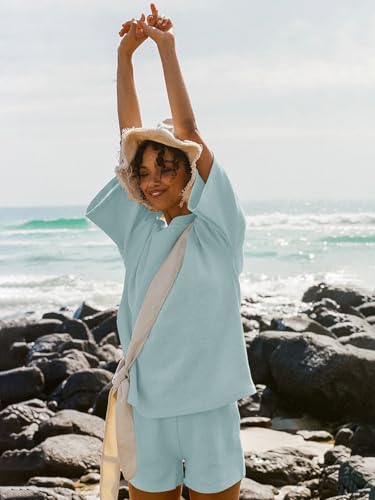 Image of Tankaneo Womens Short Sets 2 Piece Outfits 3 /4 Sleeve Tops and Elastic Waist Shorts Lounge Set Casual Loungewear