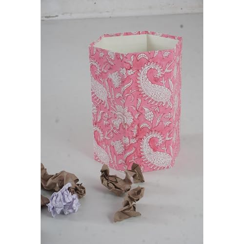 Image of Floral Hand Block Printed 3.3 Gallon Decorative Waste Basket - Eco-Friendly Cardboard Trash Can, Plastic-Free & Sustainable, Perfect for Christmas and Housewarming Gifts (1, Pink MUKAT)