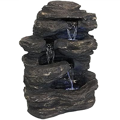 Sunnydaze Rock Falls 24-Inch Resin Outdoor Water Fountain with LED Lights