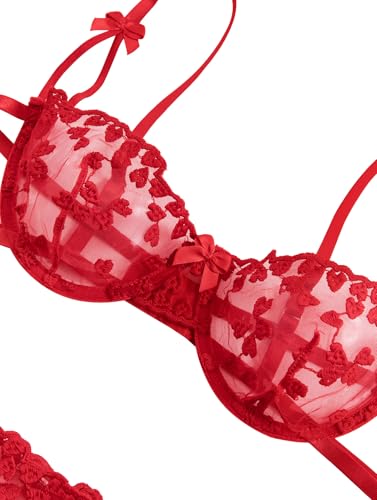 Image of Lilosy Sexy Tie Side Cute Underwire Push Up Strappy Embroidered Mesh Sheer Lingerie Set