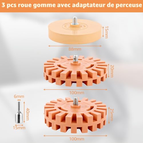 MIVIDE Lot de 3 Gommes à Film, Roue de Gomme en Caoutchouc 100 mm et 88 mm, Roue de Gomme en Enlève Caoutchouc avec adaptateur pour Extracteur d'autocollants, ou Voiture – vue 2