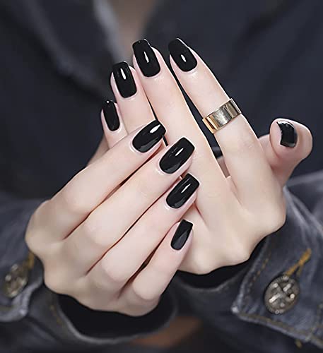 Black Coffin False Nail Kit Medium to Long Ballerina Fake Nail Tips Full of Black Luster Nails