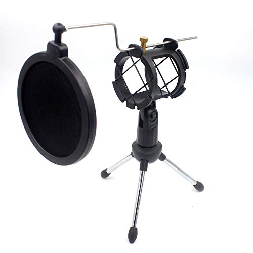 LoongGate Soporte de trípode para micrófono de escritorio con protector de máscara redondo, filtro de doble red para pantalla de viento, para teléfono, ordenador, garageband, Smule