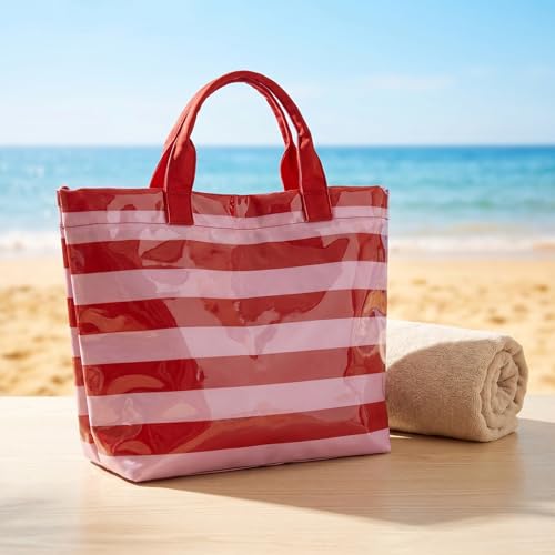 Image of Striped PVC Tote Bag for Women, Waterproof Plastic Hobo Handbag Summer Tote for Beach, Pool & Ideal Gift