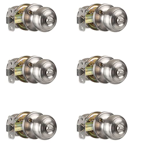 Crutello Privacy Door Knobs for Bed and Bath - Classic Style, Satin Nickel Interior Keyless Turn Thumb Locking Round Door Handle, Brushed Nickel, 6 Pack