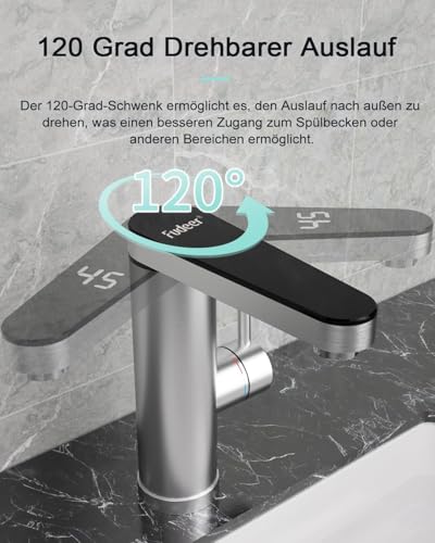 Edelstahl Warmwasserbereiter Hahn, elektrischer Wasserhahn mit Durchlauferhitzer mit digitaler Temperaturanzeige, 120 Grad Schwenkauslauf, elektrische Armaturen für Bad, Garten (Bildschirm Auslauf)