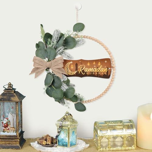 Image of HPNIUB Ramadan Door Sign, Eid Mubarak Decoration for Muslim Home Room, Islam Mubarak Wooden Hanging Sign Wreath, Ramadan Hollow Wall Art for Ramadan Mubarak Party Supplies