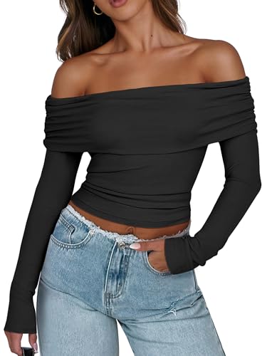 ANRABESS Long Sleeve Shirt for Women 2025 Fall Off Shoulder Slim Fit Tee Top Sexy Going Out Ruched Blouses Y2K Trendy Clothes2