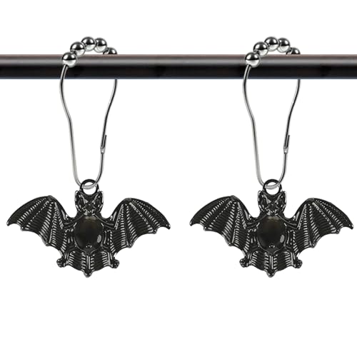 CTOHN 12-Piece Bats Shower Curtain Hooks Rings Gothic Black Decorative Shower Hangers for Halloween Bathroom Decor