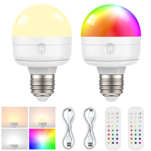 SCOPOW 2Packs E26 Rechargeable Light Bulbs with Remote, 6W 450lm Battery Operated Magnetic Light Bulbs 2500mAh, 15 RGB Color, Timer, Dimmer for Non-Hardwired Lamp