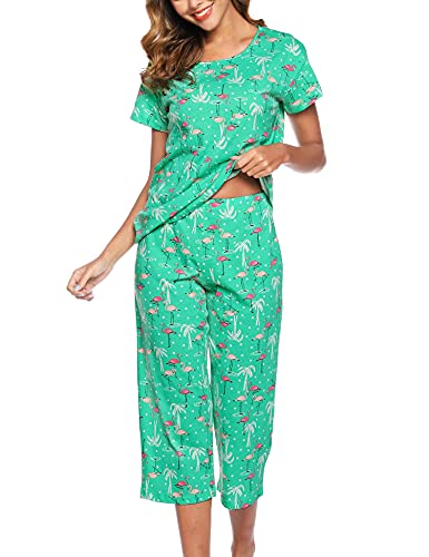 Enjoynight Women's Sleepwear Tops With Capri Pants Pajama Sets(Large,G Flamingo) #TOP2