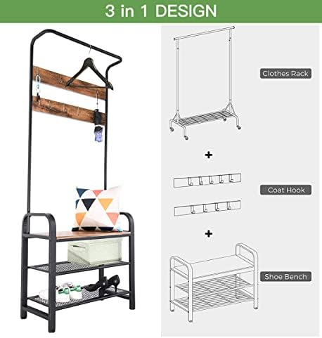H JINHUI Hall Tree with Shoe Bench, Coat Rack Stand, Industrial Coat Tree, Hallway Shoe Rack Bench with Shelves, Hall Tree with Hooks