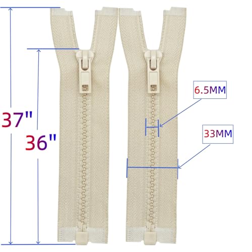 Image of MebuZip 2PCS #5 36 Inch Separating Jacket Zippers Resin Zipper Molded Plastic Zippers Bulk for Sewing Coat Jackets Clothes (Beige)