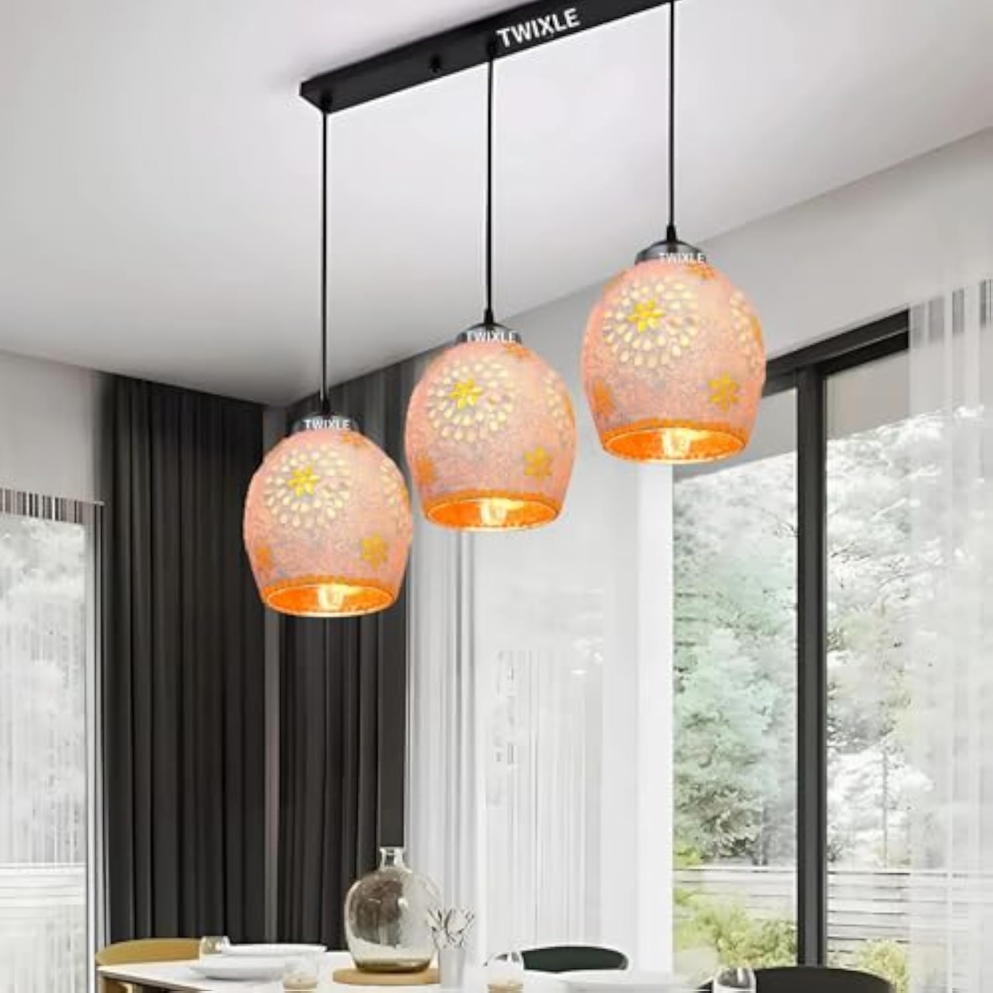 3 Lamp Linear Cluster Handmade Pink Pendant Light