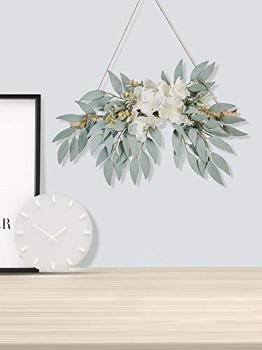 Artificial Hydrangea Swag,Handmade Floral Swag Garland Wall Decor with White Hydrangea Flowers and Willow Leaves Decorative Log Branch Hanging Hoop for Wall Window Bohemian,11.8 - Image 6