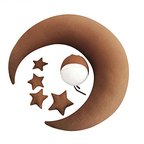 Newborn Crescent Moon Posing Pillow Stars for Infant Baby Poser Positioner Cushion Basket Filler Moon Pillow Star Hat Brown