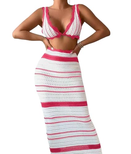 Ensemble bikini rayé deux pièces pour femmes en maille crochetée rose rouge taille L