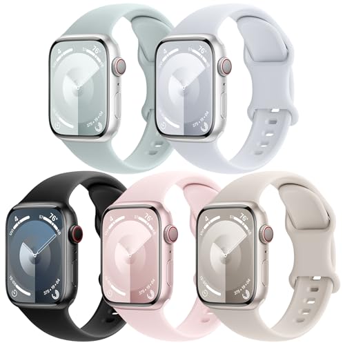EOMTAM 5 Pack Silicone Sport Straps Compatible for Apple Watch Band 38mm 40mm 41mm 42mm 44mm 45mm 49mm for Women Men,Soft Waterproof Wristbands for iWatch Series 9 Ultra 8 SE 7 6 5 4 3(Starlight,44)