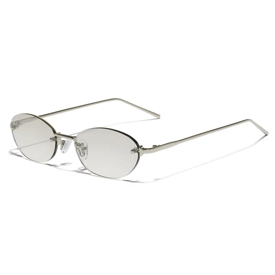 Modische kleine ovale Damen-Sonnenbrille, beliebte randlose Herren-Sonnenbrille mit Farbverlauf, UV400 (silberfarbener Farbverlauf)