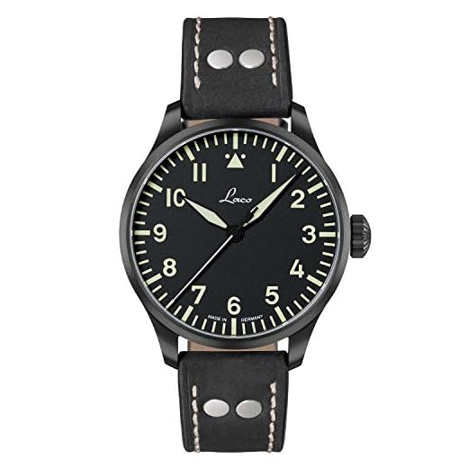 Laco Reloj de aviador automático, carcasa de acero inoxidable, cristal de zafiro, 5 bar, fabricado en Alemania, Basis Altenburg - Correa de cuero negro, esfera negra, Herren, Correa