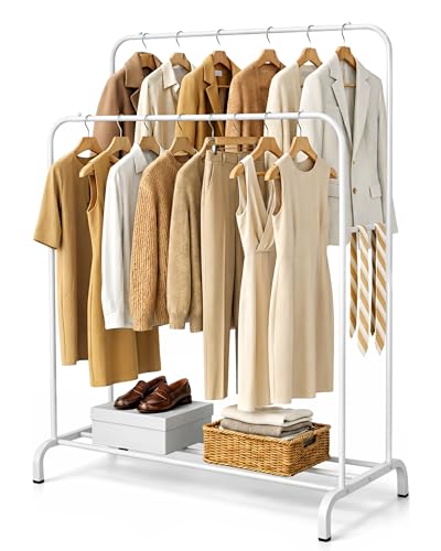 LARDECOR - Burro de Ropa, Perchero con Doble Barra, 110x54x(130 y 148) cm, Colgador de Hierro Robusto con Soporte para Zapatos, Organizador de Dormitorio, Vestidor Abierto, Montaje Fácil (Blanco)