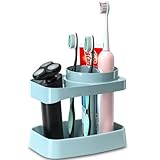 CRKIOB Toothbrush Holders for Bathrooms, 4 Slots with Drainage and Ventilation, ABS Plastic, with Anti-Slip Base for Holding Electric Toothbrush & Toothpaste (Blue)