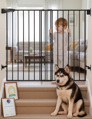 Image of Babelio Baby Gate for Stairs & Doorways, 26-43" W 34" H Extra Tall| No Bottom Bar| Easy Installation| One-handed Operation| Auto-close| Hardware Mount (Drill Needed) Safety Dog/Pet Gate Indoor (Black)