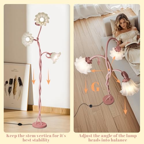 Image of Flower Standing Lamp for Bedroom, Cute Corner Floor Lamp with Flexible Gooseneck, 3 Light Floor Reading Lamp with 3 Color Temperatures, Bulbs Included, Tall Floor Lamp for Living Room Corner(Pink)
