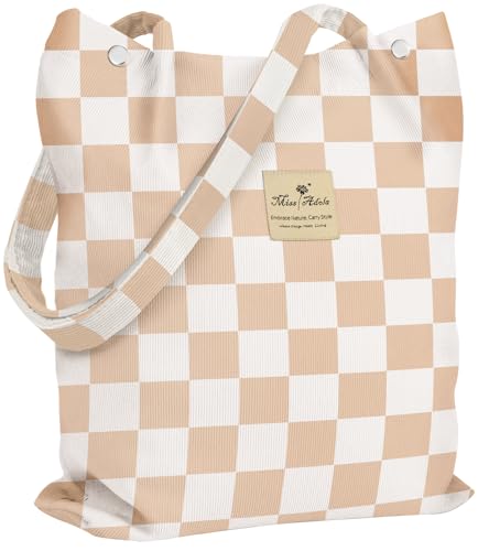 Miss Adola Corduroy Tote Bag for Women, Khaki Plaid