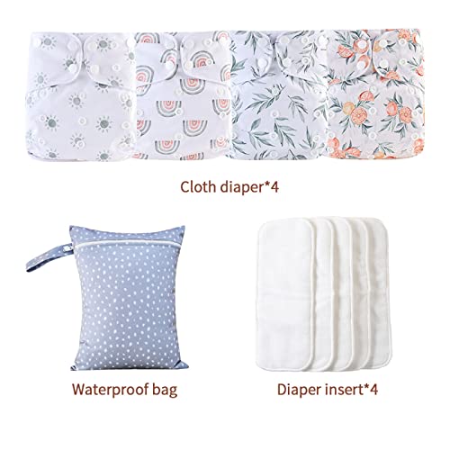 Image of HappyFlute 9 Sets Newborn Baby Cloth Pocket Diapers One Size Adjustable Reusable for Baby Boys and Girls(6-33 pounds,0-3 Years),One Wet Bag+4Diapers and 4Inserts