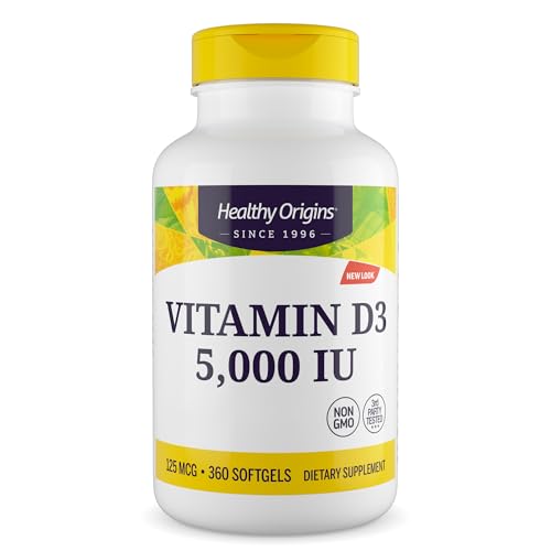 Healthy Origins, Depot Vitamina D3, 125mcg (5.000IU), 1 Cápsula cada 5 Días, 360 Cápsulas blandas, Altamente Dosificadas, Probadas en Laboratorio, Sin Soja, Sin Gluten, No GMO