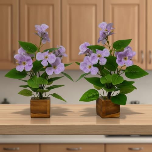 Image of fancymart Artificial Flower Plant Set of 2 with Wooden Pot - 23 cm Height | Real-Touch Faux Floral Decor for Home, Office, Living Room, Bedroom, Desk & Gift Purpose