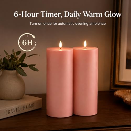 Image of Pink Outdoor Flameless Pillar Candles 8 x 3 Inch, Set of 2 Waterproof Battery Operated Candles with 6 Hour Timer for Patio Porch Decor, Table Centerpiece, Room Decor