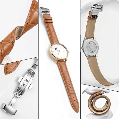 GoodTool Watch Strap, Genuine Leather Watch Bands with Pin Buckle and Gift Box for Men and Women (Light brown bamboo pattern silver butterfly buckle, 22mm)
