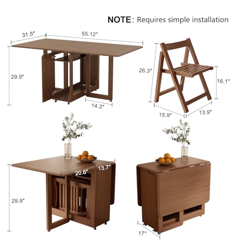 Image of AnywaysWood 1 Solid Wood Folding Dining Table, Space Saving Extendable Solid Wood Drop Leaf Table for Kitchen Dining Living Room Small Spaces(55inch 1 Wooden Foldable Table) Easy Assembly