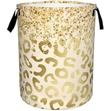 Gold Leopard Print Laundry Basket,Sequins Glitter Foldable Laundry Hamper Waterproof Oxford Cloth Tote Bag,Clothes Storage Bucket Decorative Toy Organizer For Bathroom Bedroom 16" x 20"