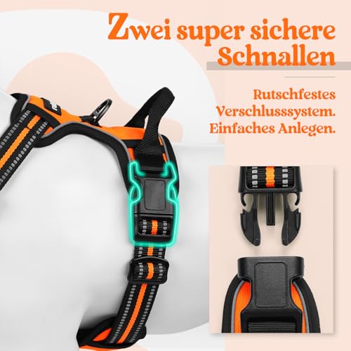 rabbitgoo Hundegeschirr Mittelgroße Hunde, Anti Zug Geschirr mit Kontrolle, No Pull Verstellbar Hundegeschirr Grosse Hunde, Atmungsaktiv Reflexstreifen Brustgeschirr Sichere Führung Orange XL