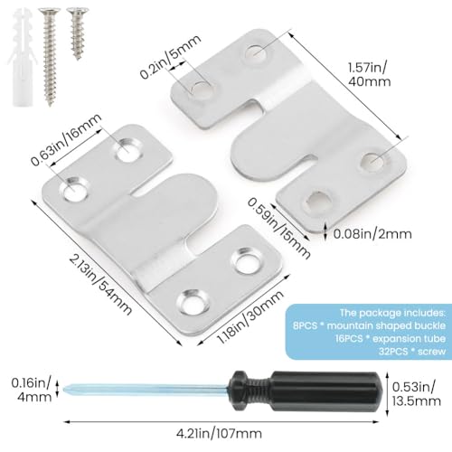 Image of 4 Pairs Interlocking Flush Mount, Bracket Picture Hanging Hooks,Buckle Furniture Connector Headboard Wall Mounting (Stainless Steel)