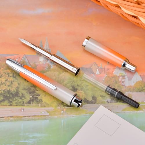 Image of Jinhao 10 Press Fountain Pen with Box, Gradient Light Orange Retractable Extra Fine Nib with Ink Converter Set (Silver Clip)