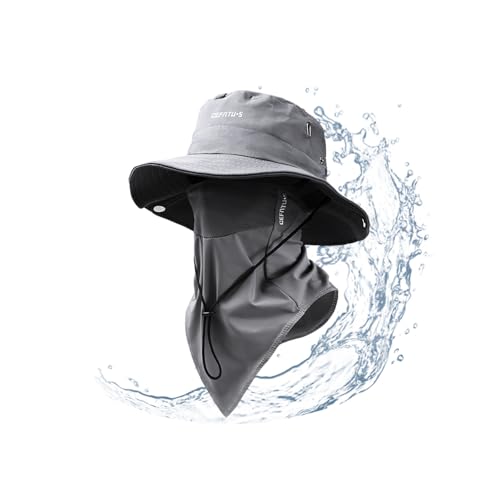 Unisex Waterproof Sun Hat with UPF 50+ Protection, Wide-Brimmed Fishing Hat with Detachable Cooling Silk Face Cover, Ideal for Outdoor Fishing, Hiking, and Camping(Gray)
