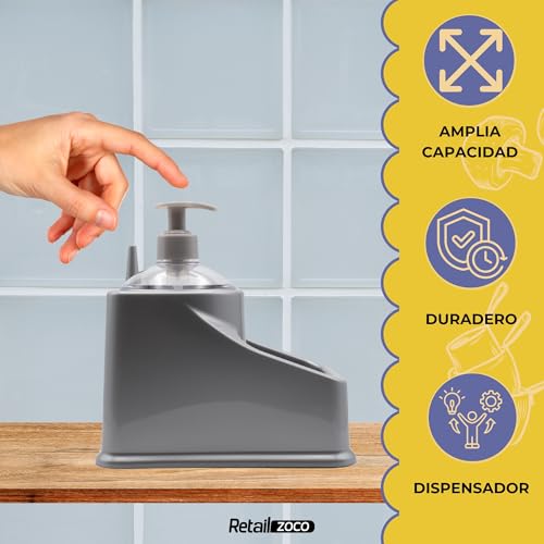 Miniatura 3 de Chefzoco Organizador Fregadero Con Dosificador, Soporte De Esponja Para Fregadero, Guarda Estropajo De Cocina, Organizador Fregadero De Cocina, 18 Cm Longitud, Incluye Dosificador, Gris