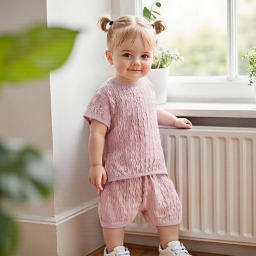 Fernvia Toddler Baby Girl Summer Clothes Solid Jacquard Short Sleeves T-Shirt Tops + Shorts 3 6 9 12 18 24 Months Outfits Set3