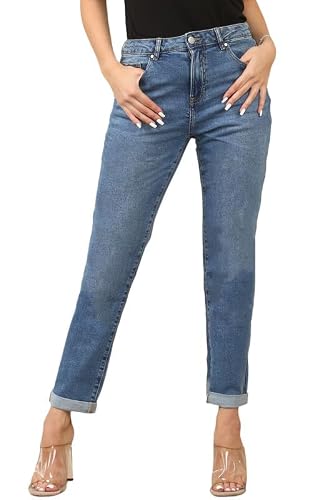 Image of Womens Ex M&S High Waisted Straight Leg Jeans Ladies Turn Up Stretch Pants (Blue, 10)
