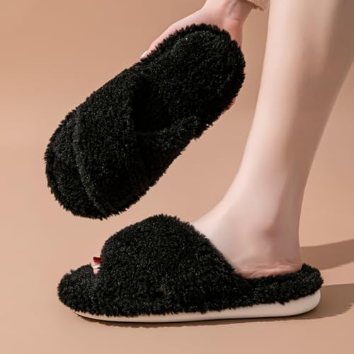 Fuzzy House Slippers for Women Memory Foam Cross-strap Open Toe Slip On Furry Bedroom Indoor Oudoor Slides Slipper Shoes2