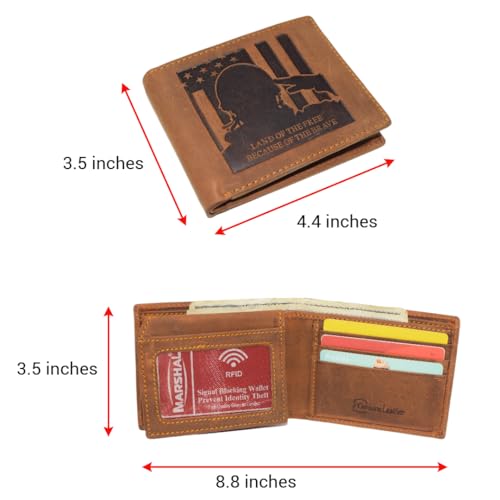 MARSHAL Men's Vintage Genuine Leather RFID Wallet with Military Tribute Design – 'Land of the Free, Because of the Brave' Engraving, Western Style (Tan)4