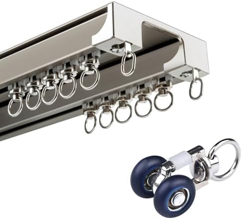 Ceiling Curtain Track System - Double Rail Aluminum Sliding Curtain Rod for Room Dividers, Drapes & Shower Curtains - 200cm (6.6ft) - Champagne Finish